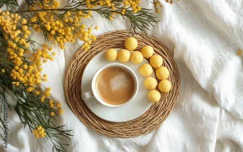 Delightful coffee with yellow treats on a woven mat surrounded by flowers in ...