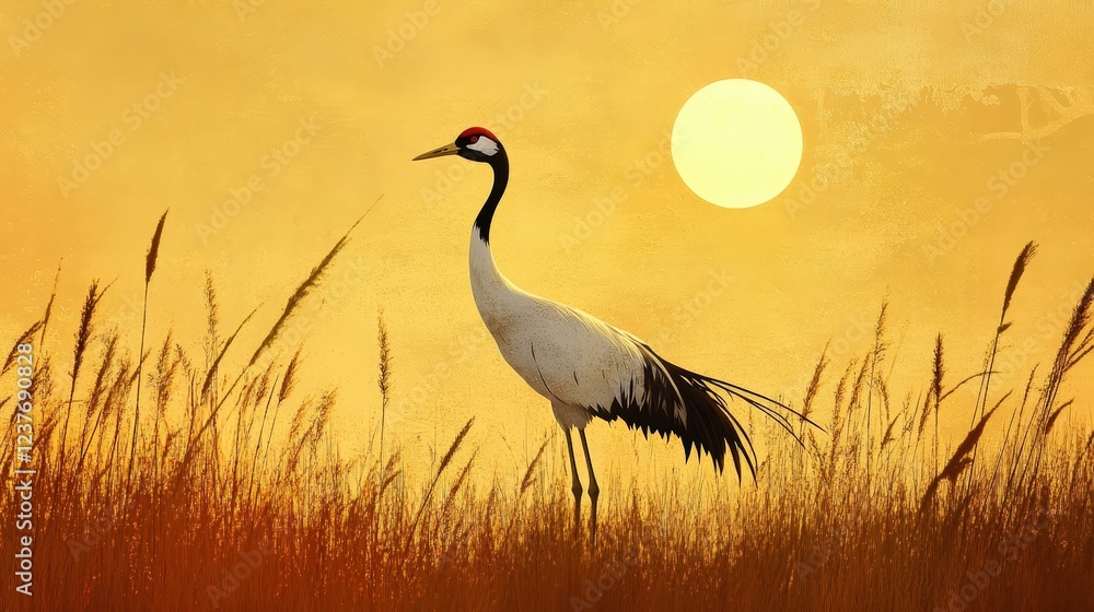 Obraz premium Crane Silhouette at Sunset: A solitary crane stands tall against a vibrant golden sunset, its silhouette framed by tall grasses, creating a serene and captivating image. The sun, a bright disc.