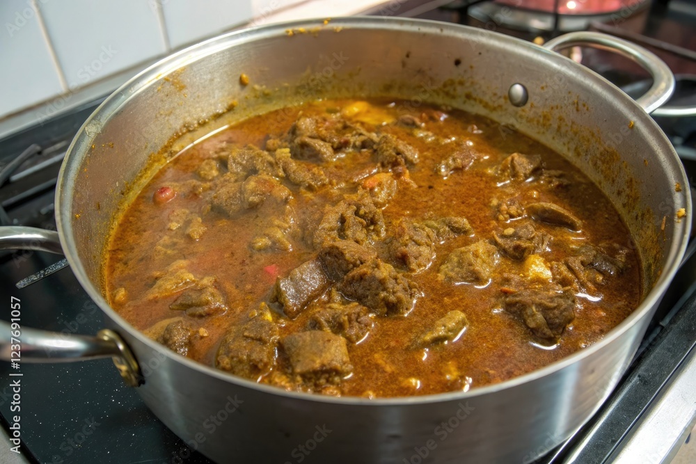 Heavily spiced lamb curry simmering in a large pot with a variety of aromatic spices, rich curry sauce, slow cooking, heavily spiced lamb curry