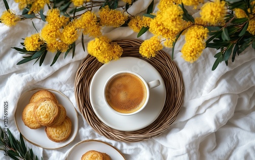 Enjoying coffee and cookies with vibrant yellow flowers in a cozy setting
