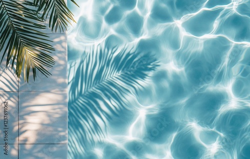Bright sunlight reflecting in the clear blue water of a pool surrounded by pa...