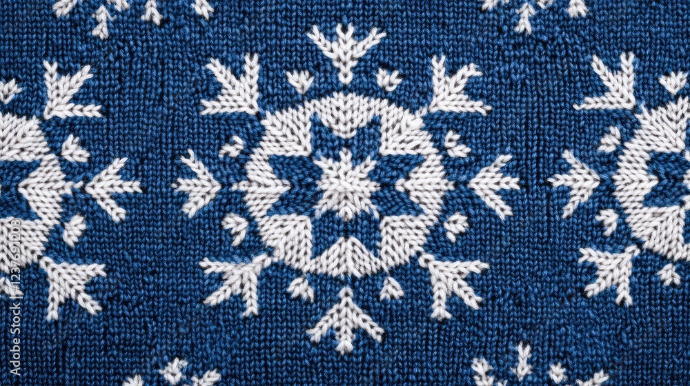 Symmetric Scandinavian snowflake pattern in blue knit fabric, cozy winter feel Symmetric Scandinavian snowflake pattern in blue knit fabric, cozy winter feel