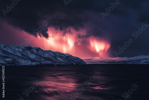 Beautiful auroras illuminate a winter landscape over a tranquil lake at night