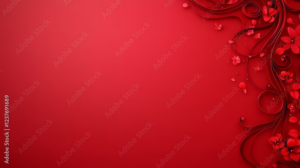 Red Floral Paper Art Design, Elegant Swirls and Flowers Red Floral Paper Art Design, Elegant Swirls and Flowers