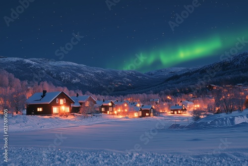 Northern lights illuminate cozy cabins in winter landscape at night
