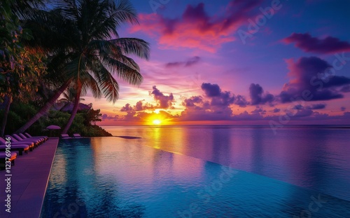 Sunset reflecting over calm water by the beach with palm trees in a tropical ...
