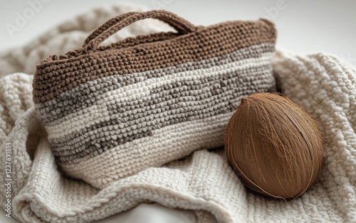 Handmade crochet bag and yarn on soft blanket in natural light