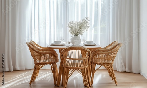 Modern dining area with rattan chairs and flower vase by large window