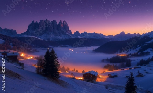 Winter twilight over snow-covered mountains and valley in Dolomites, Italy