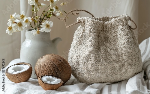 Natural materials create a calming still life with coconut bowls and a textur...