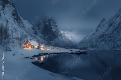 Snow-covered cabin by a tranquil lake under a night sky in a mountainous region