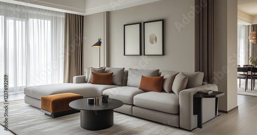 Modern living room interior featuring minimalist design and natural light
