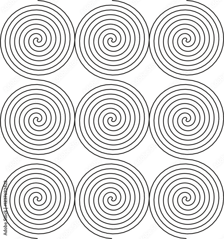 Black and White Line Drawing of Nine Spiral Shapes in a Grid Pattern Black and White Line Drawing of Nine Spiral Shapes in a Grid Pattern