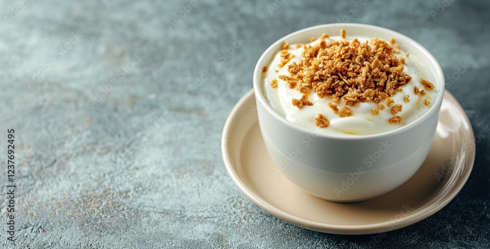 A creamy dessert in a white bowl topped with crunchy crumbs, served on a beige plate against a textured gray background. A creamy dessert in a white bowl topped with crunchy crumbs, served on a beige plate against a textured gray background.