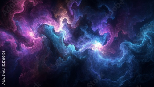 Colorful abstract cosmic swirl with vibrant purple and blue tones in a dark b...