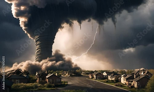 Powerful tornado destroys houses during a thunderstorm.