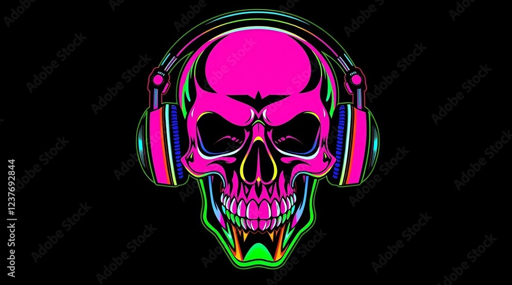 Illustration of a Bold, Electric Neon Skull with Trendy Headphones and a Menacing Grin Illustration of a Bold, Electric Neon Skull with Trendy Headphones and a Menacing Grin