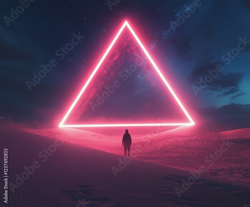 Mysterious figure standing before glowing triangle in desert at night