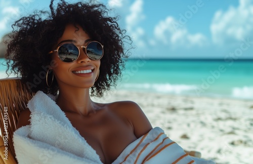 Enjoying a sunny day at the beach with a smile and stylish sunglasses
