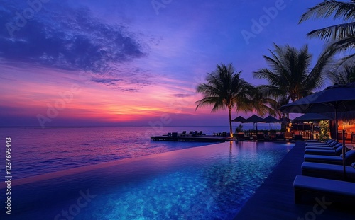 Sunset illuminates serene beachfront pool at tropical resort during evening t...