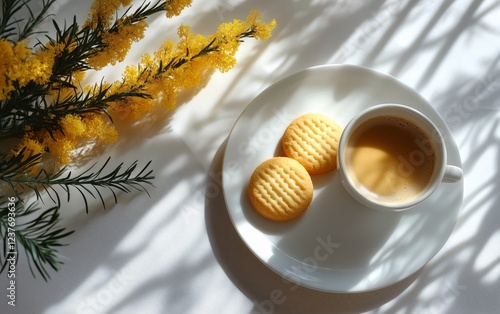 Warm cup of coffee with cookies and floral arrangement on a bright table setting
