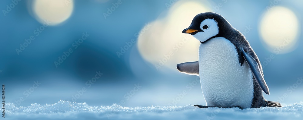 Obraz premium A charming penguin waddles across a snowy landscape, showcasing its playful demeanor against a serene, blurred winter background.