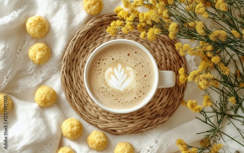 Coffee cup with latte art and yellow flowers surrounded by sweet treats on a ...