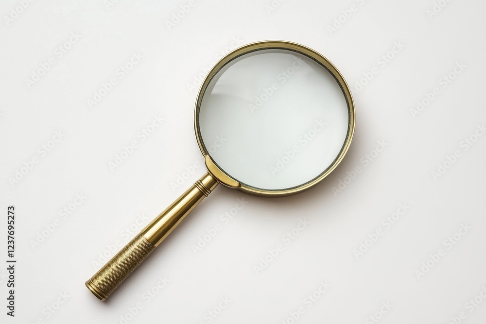 A brass magnifying glass rests on a white background A brass magnifying glass rests on a white background