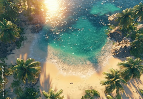 Tranquil beach with palm trees and clear turquoise water during sunset