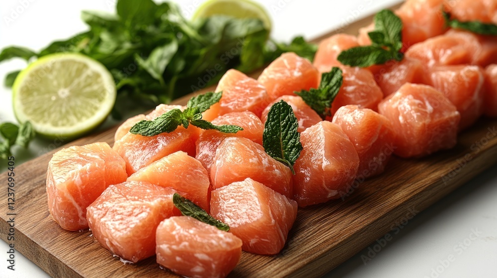 Fresh salmon cubes, mint, lime, wooden board. Food recipe preparation Fresh salmon cubes, mint, lime, wooden board. Food recipe preparation