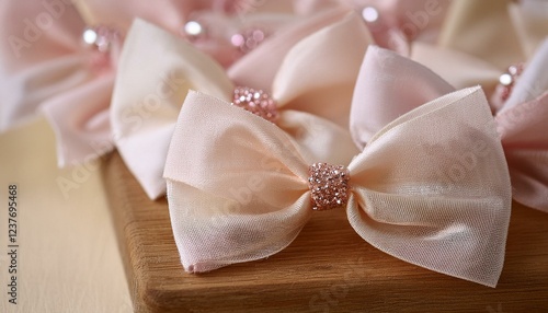 Soft tulle bow clips with subtle glitter accents in pale pink and ivory, resting on a wooden