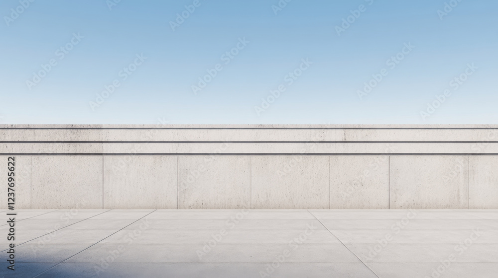 Modern concrete retaining wall design with clear blue sky backdrop, showcasing minimalistic architecture and clean lines, perfect for construction projects Modern concrete retaining wall design with clear blue sky backdrop, showcasing minimalistic architecture and clean lines, perfect for construction projects