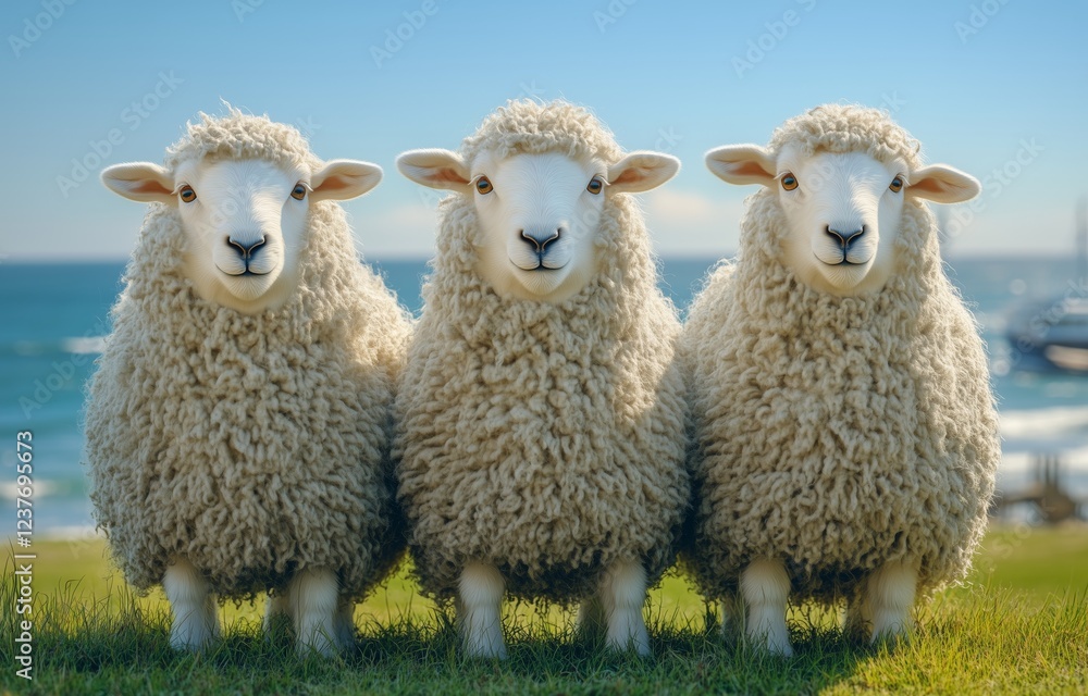 Fototapeta premium Three fluffy sheep standing close together on a sunny day near the ocean shore