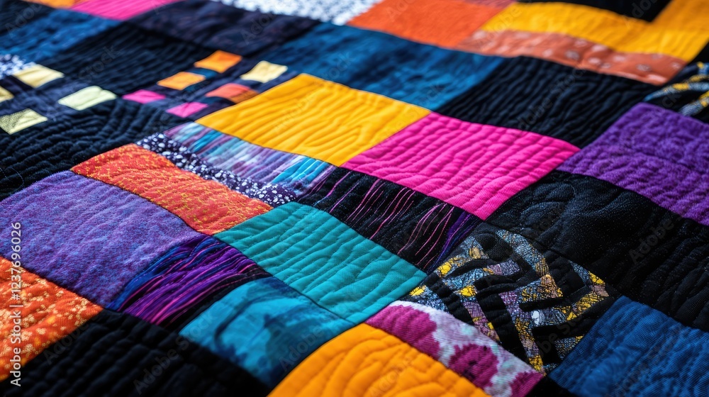 Vibrant patchwork quilt with geometric 25-block arrangement, cozy textile design Vibrant patchwork quilt with geometric 25-block arrangement, cozy textile design