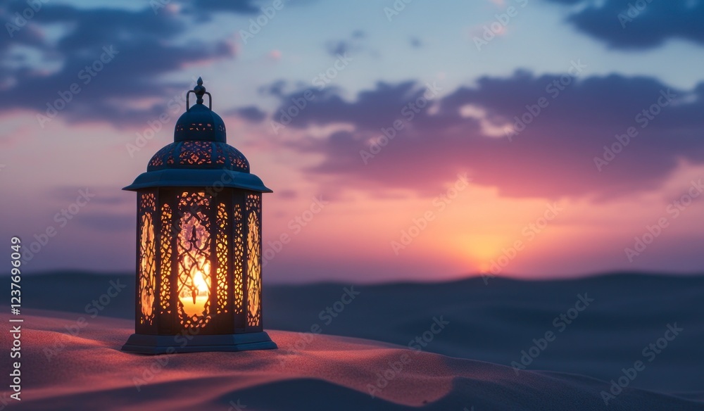 A traditional Arabic lantern glowing in the desert at sunset, symbolizing Ramadan and festive celebrations. A traditional Arabic lantern glowing in the desert at sunset, symbolizing Ramadan and festive celebrations.