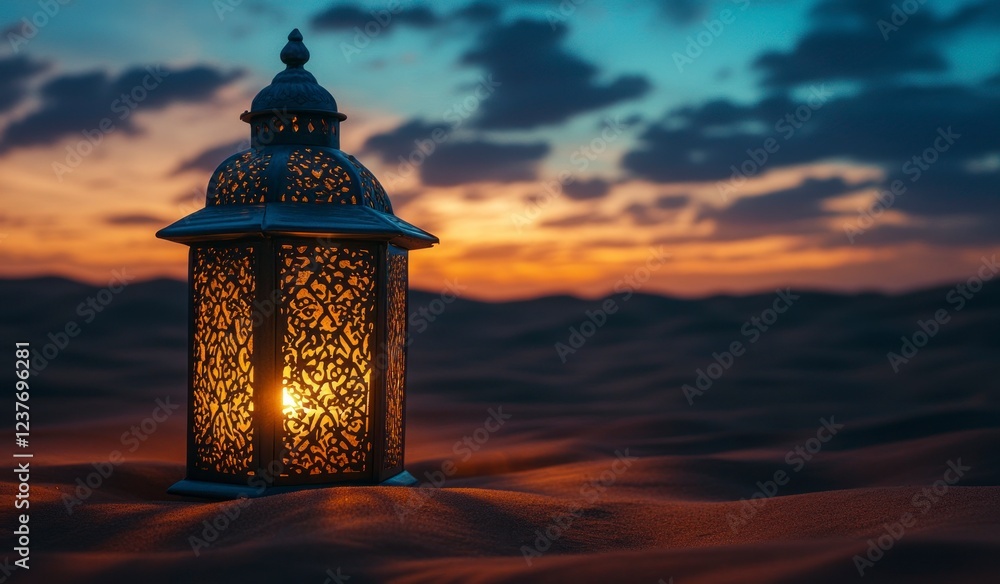 A beautiful lantern glowing in the desert at sunset, symbolizing Ramadan and Islamic culture. 