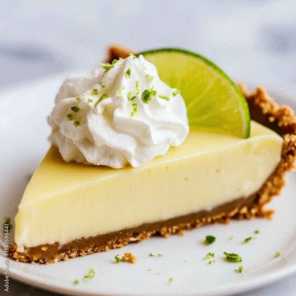 A scrumptious slice of key lime pie with a graham cracker crust and a dollop of whipped cream, served on a white plate, Key lime pie centered A scrumptious slice of key lime pie with a graham cracker crust and a dollop of whipped cream, served on a white plate, Key lime pie centered
