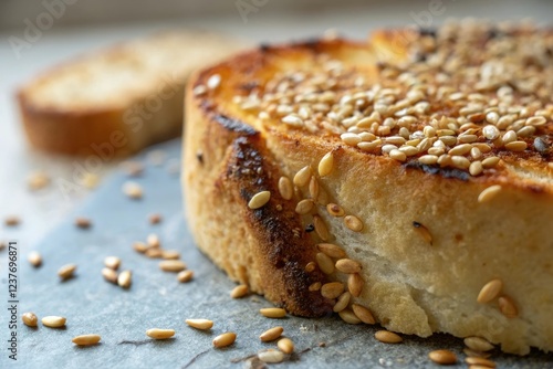 Macro shot of toasted sesame seeds on roasted artesian bread, snack, artisanal, sesame seeds, rustic
