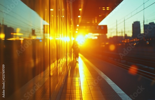 Golden sunrise at the train station with a lone figure walking towards the light