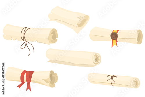 Set of ancient paper scrolls with empty space for text. Magic papyrus scrolls, pages rolled up with ribbon. Vector illustration isolated on transparent background.