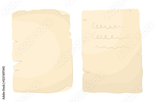 Ancient paper pages. Vertical banner format. Magic papyrus scroll, unfolded page. Element for game design. Archaeological artifact. Vector illustration isolated on transparent background.