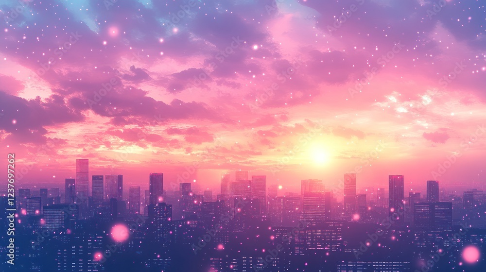 Obraz premium Pink city sunrise, glittering particles, dreamy sky, urban fantasy, website banner