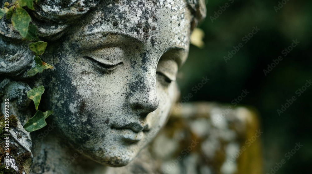 Close up of a weathered angel statue in a cemetery. Close up of a weathered angel statue in a cemetery.
