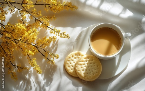 Freshly brewed tea with crackers and yellow flowers on a white tablecloth in ...