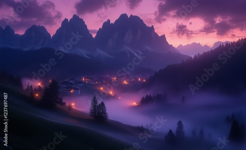 Magical twilight view of mountains and a village illuminated by soft lights i...