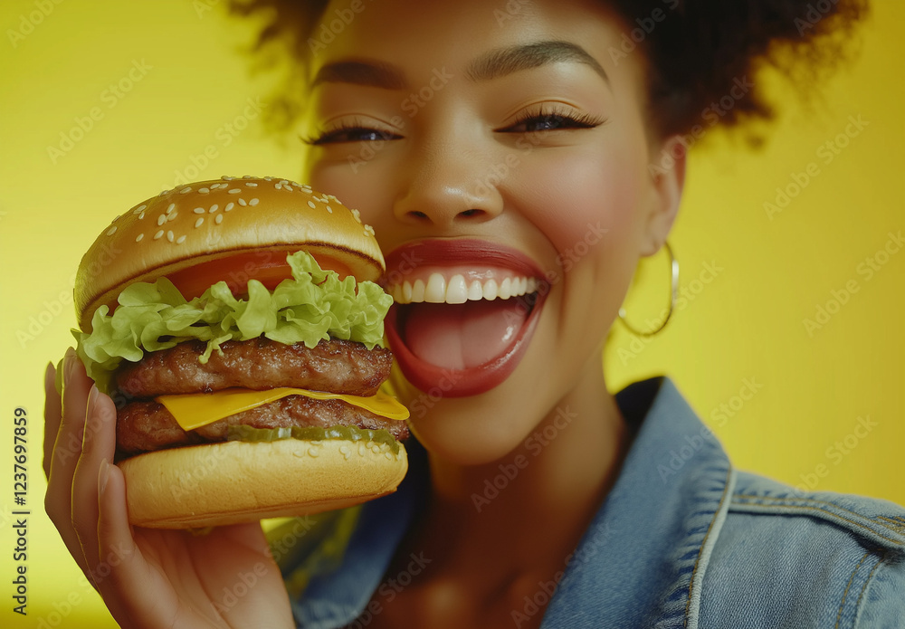 A happy woman in a denim jacket eating a burger, against a yellow background, commercial photography, studio shot A happy woman in a denim jacket eating a burger, against a yellow background, commercial photography, studio shot