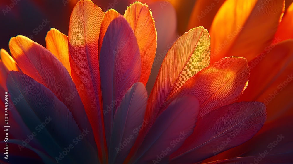 Golden hour feather close-up, nature texture, background blur, design element Golden hour feather close-up, nature texture, background blur, design element