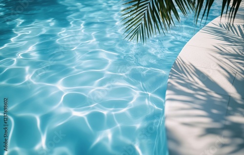 Sunlight reflecting on a clear pool water with palm shadows in a relaxing out...