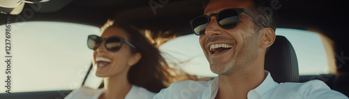 Joyful couple laughing together while driving in a car.