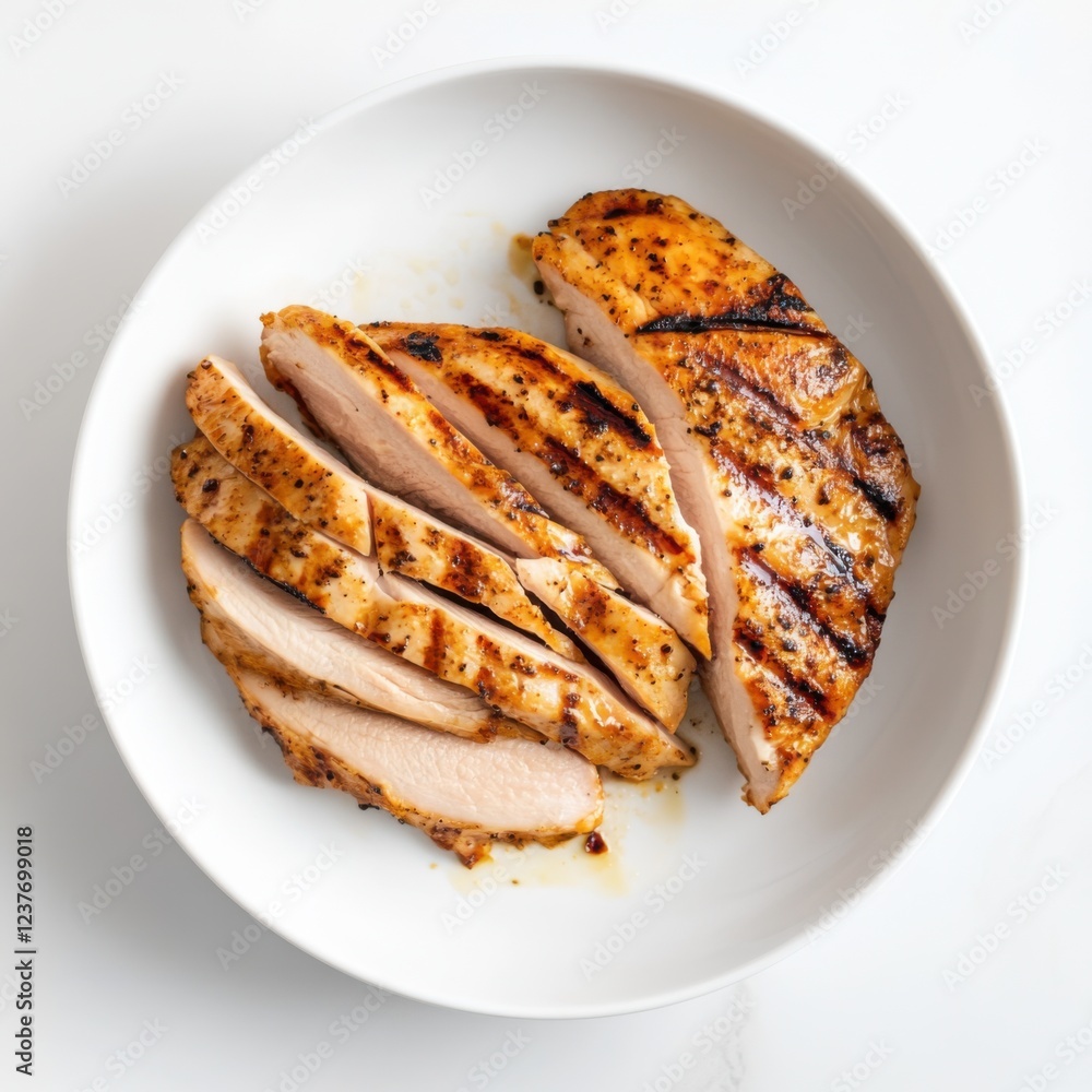 A simple serving of grilled turkey breast slices, lightly seasoned and arranged on a plain white ceramic plate, Turkey breast slices centered A simple serving of grilled turkey breast slices, lightly seasoned and arranged on a plain white ceramic plate, Turkey breast slices centered